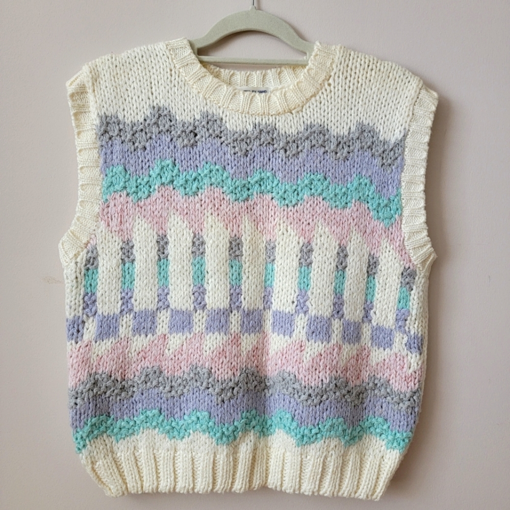 Vintage 80s Hand Knit Geometric Striped Sweater Vest Large